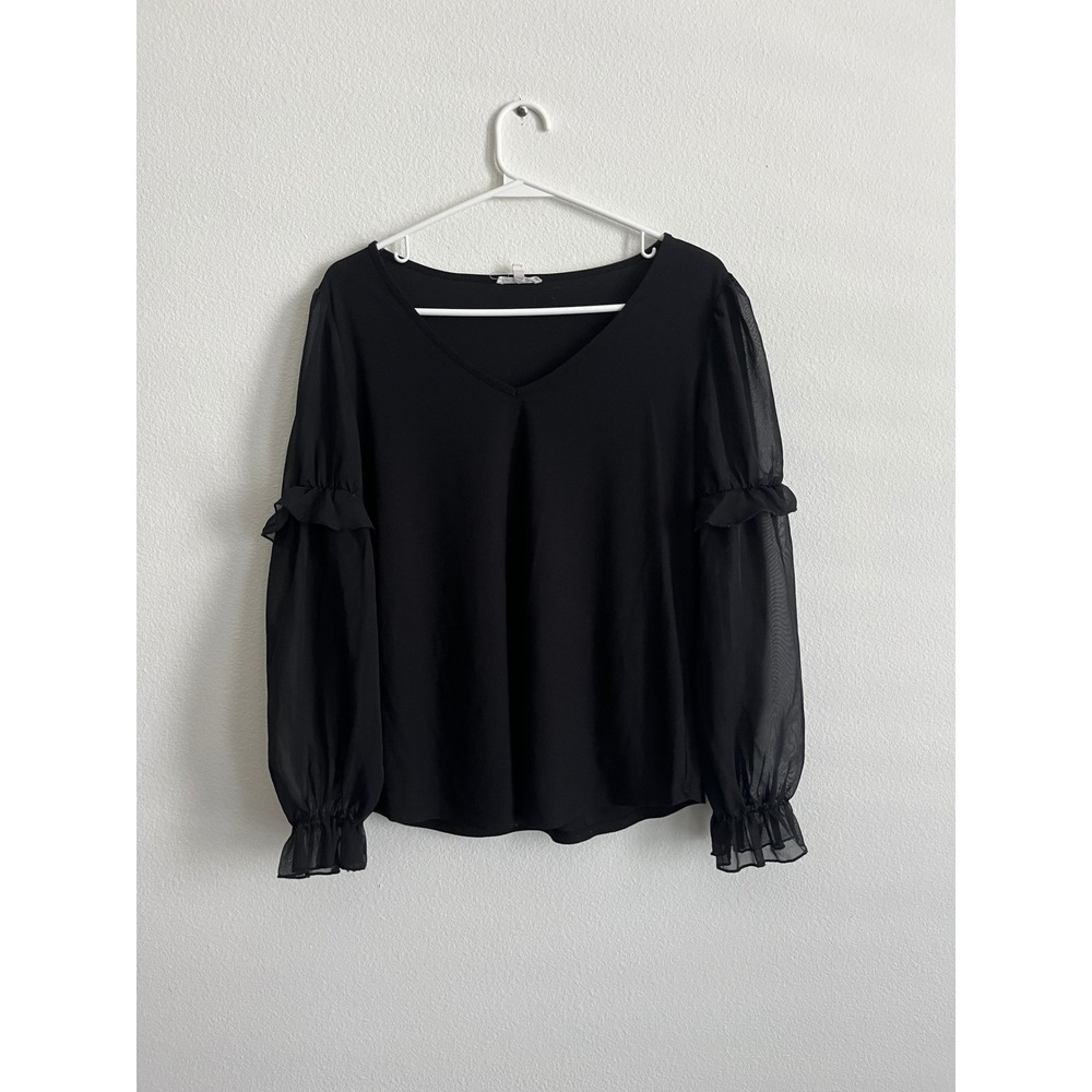Maurices Black V-Neck Blouse Sheer Ruffle Long Sleeve Top XS